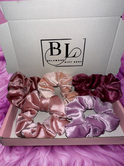 (Bundle offer)Five-piece velvet scrunchie set arrives in an elegant presentation box,