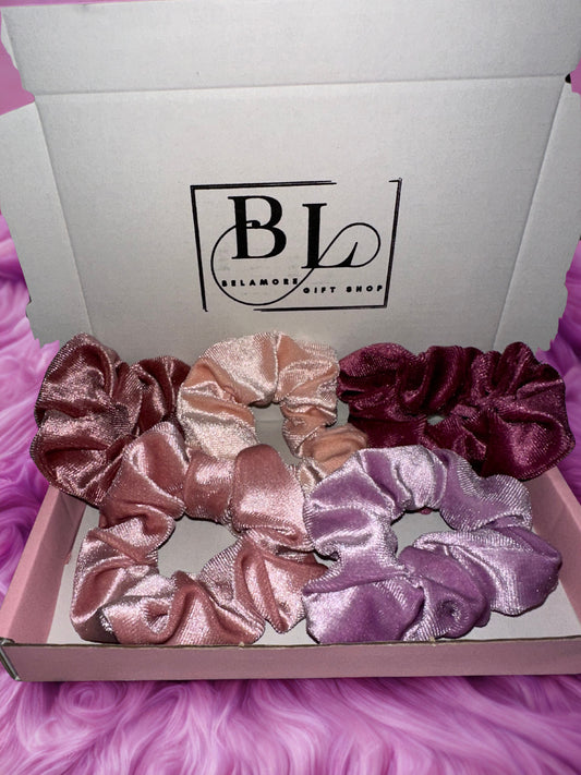 (Bundle offer)Five-piece velvet scrunchie set arrives in an elegant presentation box,
