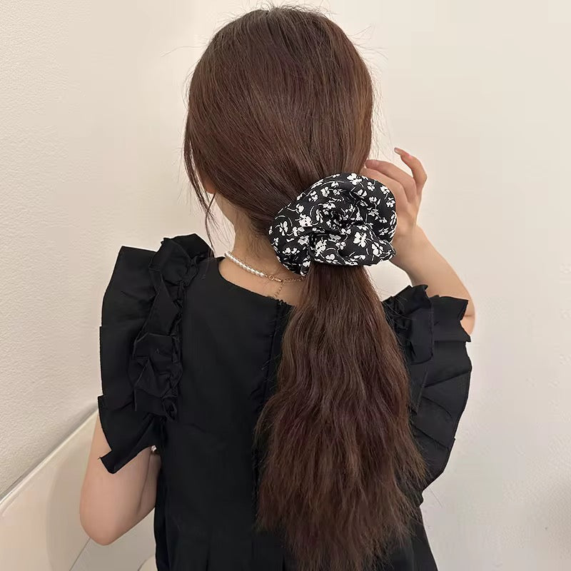 (Bundle of 3pcs) 2025 XL Satin Scrunchie Hair Tie Set of 3, Dusty Pink Floral Print Hair Accessories, Elegant Voluminous Hair Bands for Women (15cm)