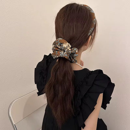 (Bundle of 3pcs) 2025 XL Satin Scrunchie Hair Tie Set of 3, Dusty Pink Floral Print Hair Accessories, Elegant Voluminous Hair Bands for Women (15cm)