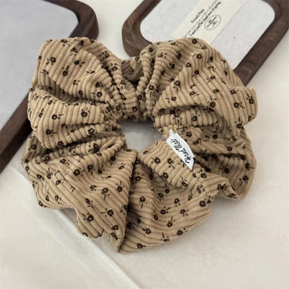 (Bundle of 3pcs) XXL set of 3 Fashionable Print Flower Scrunchies Elastic Corduroy Flora Pattern Hair Tie for Women