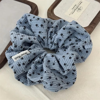 (Bundle of 3pcs) XXL set of 3 Fashionable Print Flower Scrunchies Elastic Corduroy Flora Pattern Hair Tie for Women
