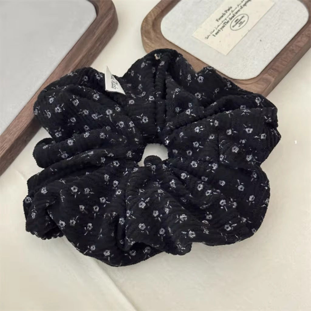 (Bundle of 3pcs) XXL set of 3 Fashionable Print Flower Scrunchies Elastic Corduroy Flora Pattern Hair Tie for Women