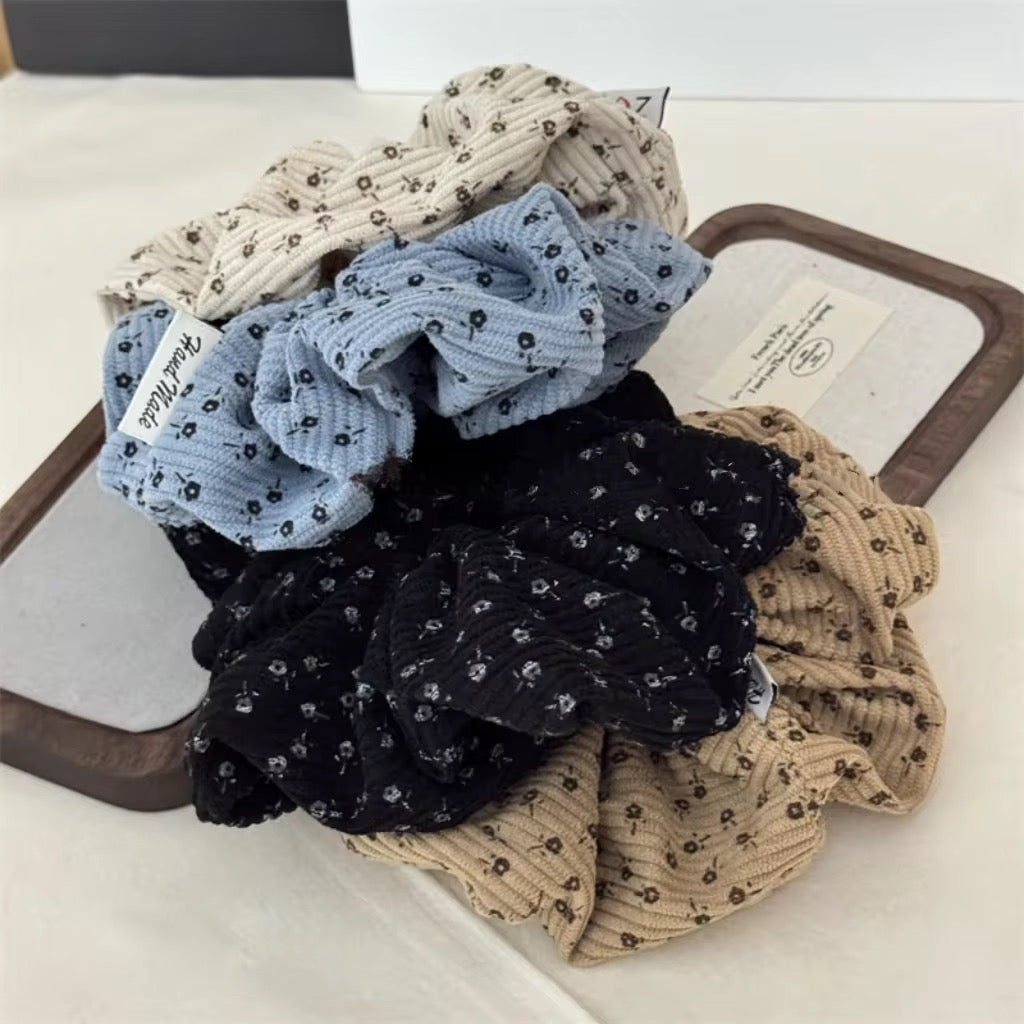 (Bundle of 3pcs) XXL set of 3 Fashionable Print Flower Scrunchies Elastic Corduroy Flora Pattern Hair Tie for Women