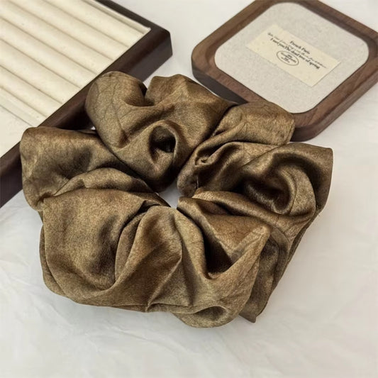 (Bundle of 2) XL Vintage Scrunchies Simple Solid  white and Brown Color Hair Accessories for Women ( set of 2)