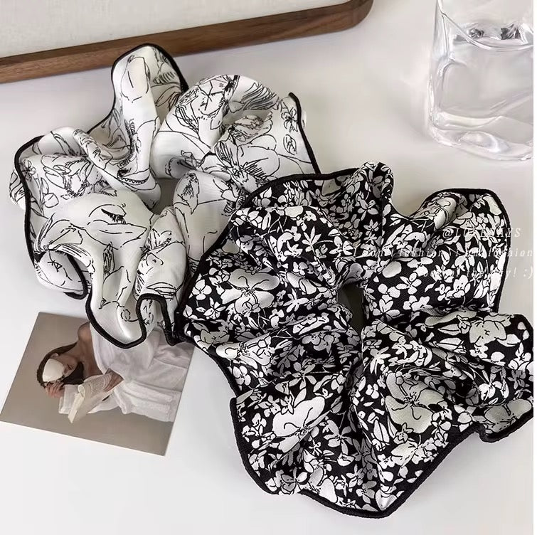 (Bundle of 2pcs) New Arrival Simple Printed Flower Hair Scrunchies Elegant Ponytail Hair Tie Hair Accessories 12cm  (15cm)for Women