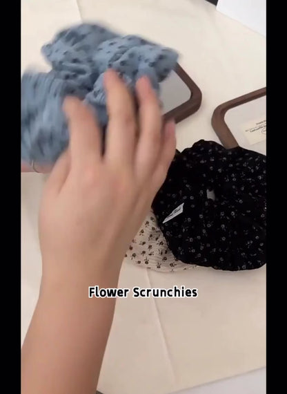 (Bundle of 3pcs) XXL set of 3 Fashionable Print Flower Scrunchies Elastic Corduroy Flora Pattern Hair Tie for Women