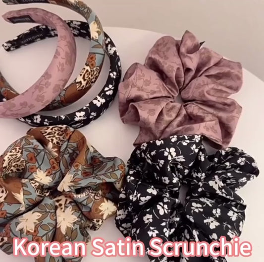 (Bundle of 3pcs) 2025 XL Satin Scrunchie Hair Tie Set of 3, Dusty Pink Floral Print Hair Accessories, Elegant Voluminous Hair Bands for Women (15cm)